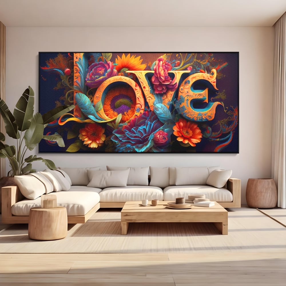 Tablou canvas cu tablou canvas cu litere florale stilizate, in rama de aluminiu negru, pe perete intr-un living
